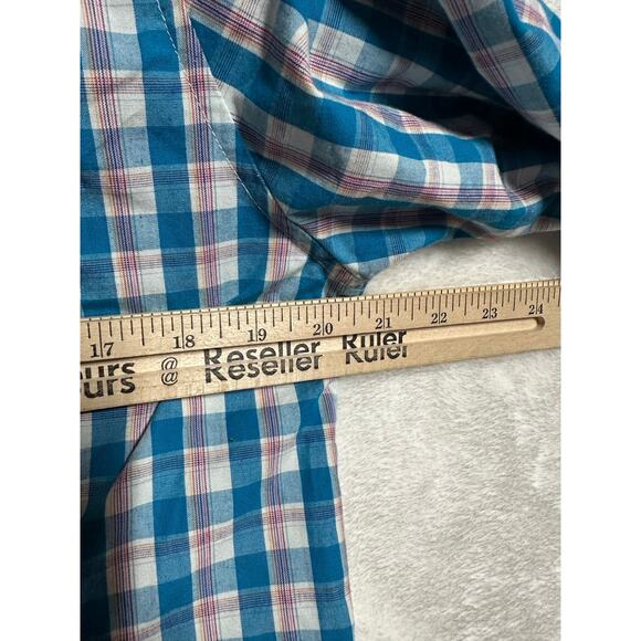 Bit & Bridle Snap Blue Plaid Western Shirt M Womens Pink Trim - Picture 9 of 10